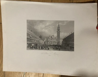 Gravure XIXeme venise place saint marco piazza la piazzeta  ROUARGUE 1856 - Photo 1/2