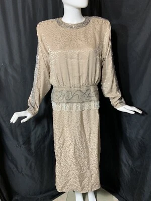 Vintage Heavy Beaded Dynasty Taupe Silk Dress Designer D'ore Animal Print Sz 14 - Image 1 of 4