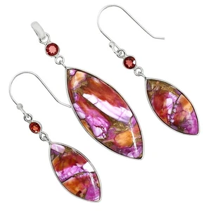 Kingman Orange Dahlia Turquoise & Garnet 925 Silver Pendant Earrings Set T-1010 - Picture 1 of 5