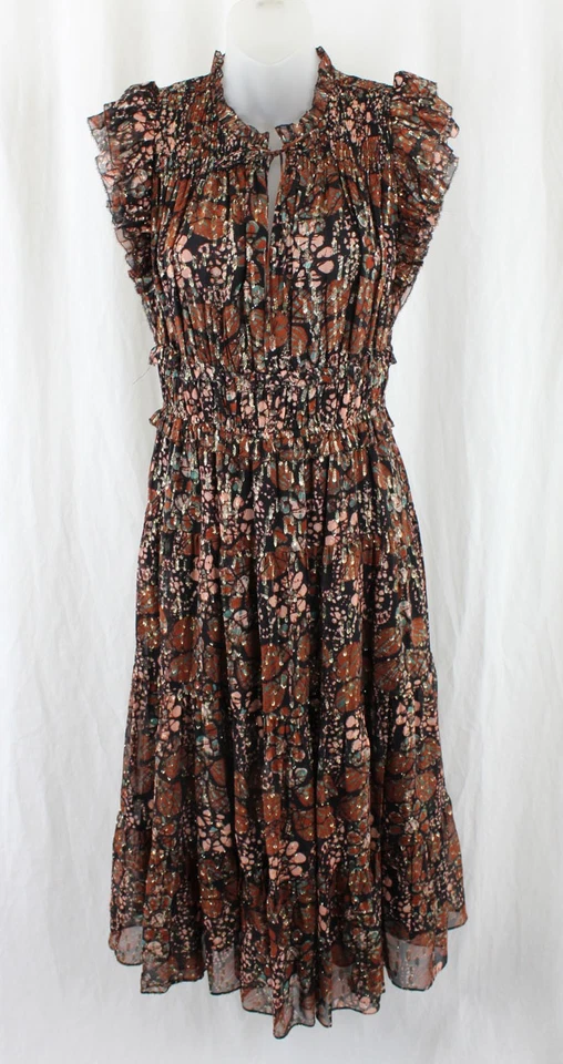 Ulla Johnson Women's Brown Black Multi Print Metallic Smocked Silk Blend Dress 2 - Image 1 of 4