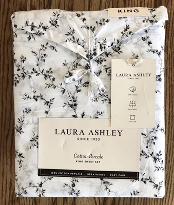 Laura Ashley KING Sheet SET Black & White Floral Saras Sprig Cotton Percale New! - Image 1 of 4