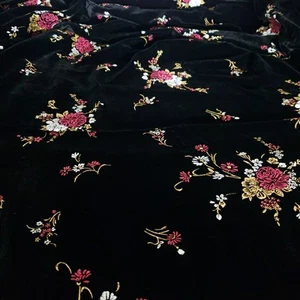 Vtg Black Velvet Fabric Pink Flower Painted 90s Goth Wedding Soft Luxury 3+ Yds - Picture 1 of 13