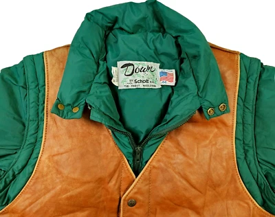 *HOT VTG Men's SCHOTT SPORTS QUILTED DOWN PUFFER GREEN BROWN LEATHER Jacket 44 M - Image 1 of 4