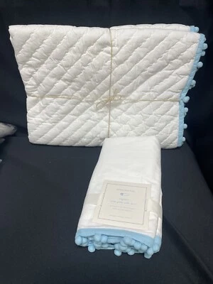 Pottery Barn Baby Organic Pom Pom Quilted Crib Bedding Quilt Skirt Blue NEW - Image 1 of 4