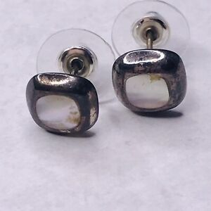 Sterling Silver Earrings mother of PEarl Center Square Stamped M 925 Post Stud