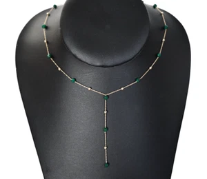 🆕14K Yellow Gold Bead Chain and Emerald LARIAT Necklace 18in - Bild 1 von 13