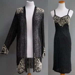 VTG 80s Art Deco Str Black Silk 2p Set Body Con Dress Opera Jacket Coat Beaded S - Picture 1 of 12
