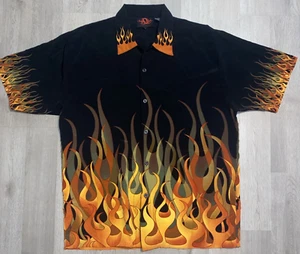 VINTAGE Dragonfly Rockabilly Bowling Shirt Size Large Black Fire Flames AOP Y2K - Picture 1 of 18