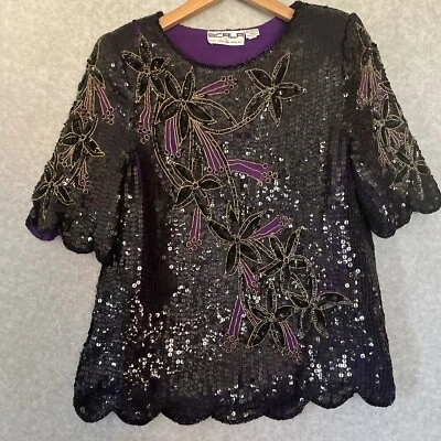 Scala винтажный короткий рукав блестки бисером 100% шелк черный цветочный блузка Топ S - Изображение 1 из 4