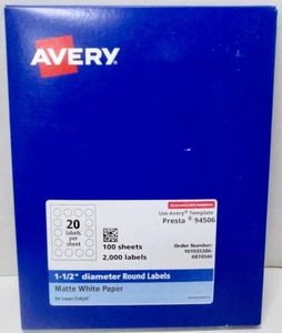 Avery 94506 Labels~1.5” Round Labels -2000- White~PrestaLaser/ Inkjet~100 Sheets - Picture 1 of 2