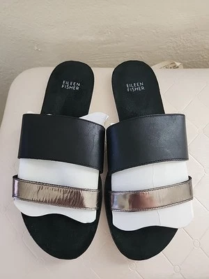 Босоножки женские Eileen Fisher черные и серебристые с 2 ремешками без застежек плоские размер 7 м - Изображение 1 из 4