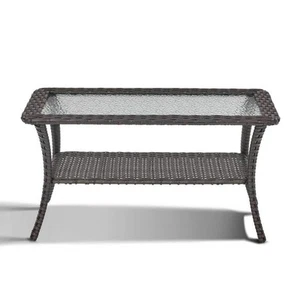 Pocassy Brown Rectangle Wicker Outdoor Glass Side Table - Picture 1 of 7