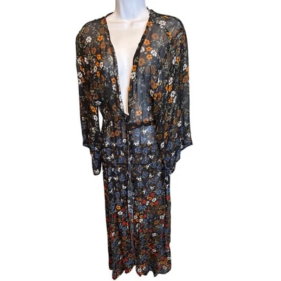Anthropologie Floreat Womens Black Floral Kimono Duster One Size Open Front - Image 1 of 4