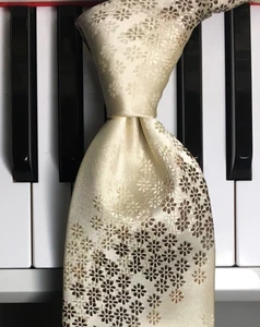 CAVALIERE / Luxury Chocolate & Ivory Floral Broad Rep Stripe Silk Necktie (New) - Picture 1 of 9