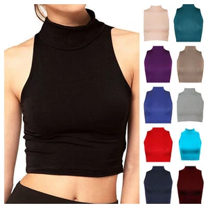 WOMENS LADIES SLEEVELESS POLO TURTLE NECK STRETCH CROP VEST TOP 8-14 - Picture 1 of 21
