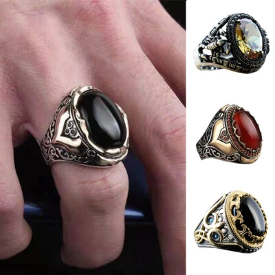 Mens Black Simulated Onyx Sapphire Stone Ring Stainless Steel Retro Size 7-13 Ḧ - Image 1 of 4