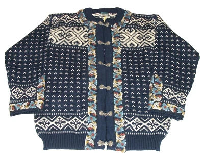 Cárdigan Suéter Dale of Norway Azul Marino Blanco Borde Floral Cierres de Estaño M 50 Foto 1 de 4