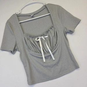 Yozy Cropped Top Damen L grau Babydoll gerippt gesmokt Kokett Kawaii sexy - Bild 1 von 9