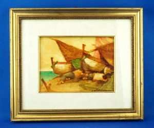 Domenico Chianese Oil painting wood seascape fishermen Naples Italy 1900 20th - Picture 1 of 24