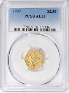 1909 INDIAN HEAD $2.5 QUARTER EAGLE GOLD PCGS AU53 - Picture 1 of 3