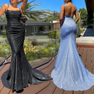 Sexy Satin Maxi Dress Long Train Mermaid Sleeveless Evening Party Tank Dress - Picture 1 of 20