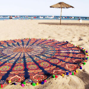 Indian Round Peacock Mandala Tapestry Throw Blanket Beach Yoga Mat Rug Hippie