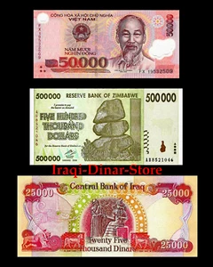 50, 000 Vietnam Dong,  500,000 Zimbabwe Dollars + 25, 000 Iraq Iraqi Dinar Unc - Picture 1 of 4