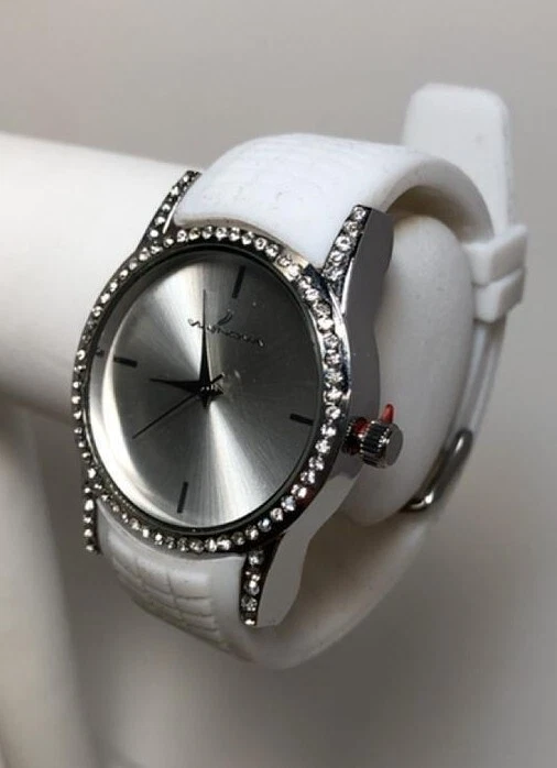 NEW Via Nova VNWTSL Women's Modern Crystal Bezel White Rubber Strap Silver Watch - Image 1 of 4