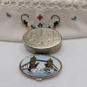 Vintage London Tower Bridge Souvenir Trinket Box Ceramic Lid Metal Oval MCM  - Picture 1 of 11