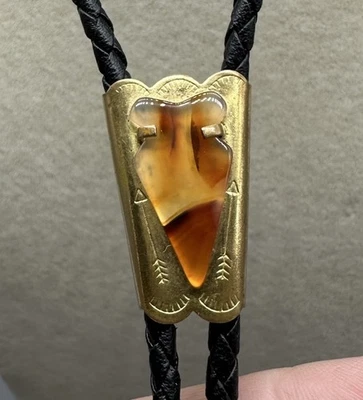 Vtg Western Bolo Tie Brass Tone Arrowhead Small Slide Brown Agate Stone Petite - Image 1 of 4