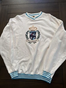 Vintage Action Sweatshirt Mens Large White Blue Crewneck Embroidered Crest 90s - Picture 1 of 9