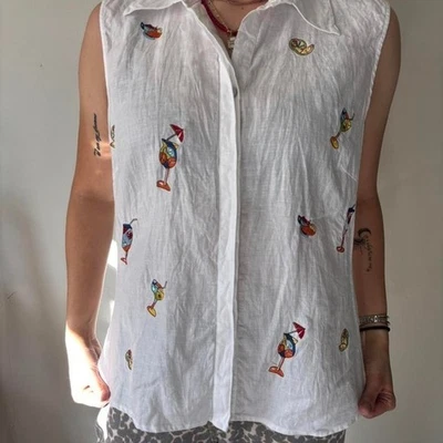 Vintage White Linen Embroidered Cocktails Retro Beaded Button Down Large Top Foto 1 de 4