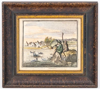 Fabeln de la Fontaine Fischer Kupferstich Henrik Cause koloriert Rahmen 1728 - Bild 1 von 2