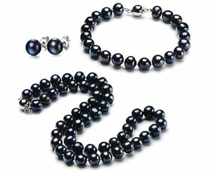 Natürliche 10-11 mm schwarze Tahitiperlen Halskette Ohrring Armband Schmuckset 18 Zoll - Bild 1 von 3