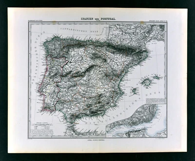 1882 Stieler Map Spain Portugal Gibraltar Madrid Lisbon Ibiza Barcelona Porto - Image 1 of 4