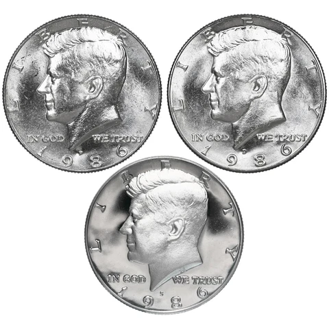 1986 P D S  Kennedy Half Dollar Year Set Proof & BU US 3 Coin Lot Cover