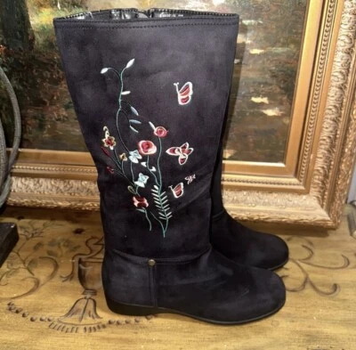Botas Altas Mujer Rosa Negro Mariposas y Flores Florales Tela Talla 10 M NUEVAS Foto 1 de 4