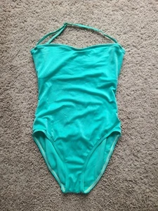 VINCE CAMUTO Swimsuit Women's Size 10 Bandeau One Piece Aqua Strappy Gold Bling - Picture 1 of 15