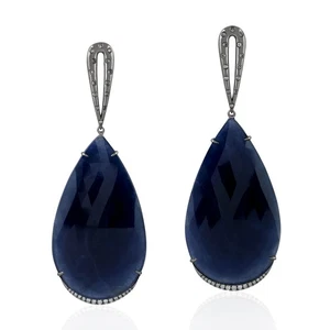 18k White Gold Sapphire Drop/Dangle Earrings Diamond Handmade Jewelry For Women - Picture 1 of 7