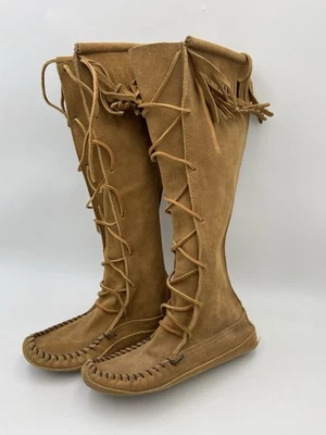 Bota feminina de couro marrom nativo americano frente renda joelho alto com franja tamanho 7 - Imagem 1 de 4