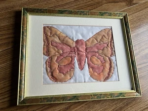 Vintage Hand Embroidered Art Made by a Child, Butterfly, Quilted, Matted Franed - Picture 1 of 16
