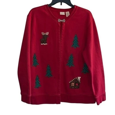 Suéter cárdigan de Navidad bordado con retazos rojos de colección-covington-XL-rojo. Foto 1 de 4