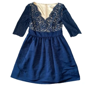 Eliza J Womens Navy Blue Mesh Embroidered Formal Midi Dress Pockets 14  Zip Back - Picture 1 of 12