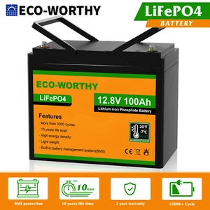 ECO-WORTHY 12V 100Ah LiFePO4 Lithium Battery Up to 15000 Cycles Solar RV Marine - Picture 1 of 10