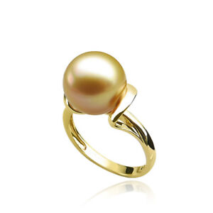 AAA 10-11mm Golden Real South Sea Pearl Spiral Ring Solid 18k Yellow Gold Size 6