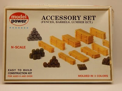 MODEL POWER Accessory Set #1507, Fences, Barrels, Lumber, etc. N Scale ON SPRUES - Image 1 of 4