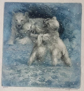 ETCHING AQUATINT WILL SIMMONS 1884-1949 CHILDREN IN SNOW POLAR BEAR Wildlife Art - Picture 1 of 4