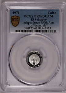 1971 EL SALVADOR SILVER 1 COLON INDEPENDENCE 150TH ANNIV. LA FECUNDIDA-PCGS PR68 - Picture 1 of 3