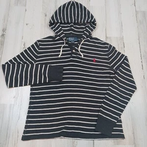 Polo Ralph Lauren Hoodie Boys Medium Blue White Stripe Henley Waffle Knit - Picture 1 of 8