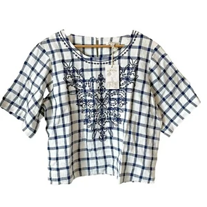Orvis Linen Top Shirt Womens Sz Medium M Plaid Crop Embroidered Lightweight New - Picture 1 of 10